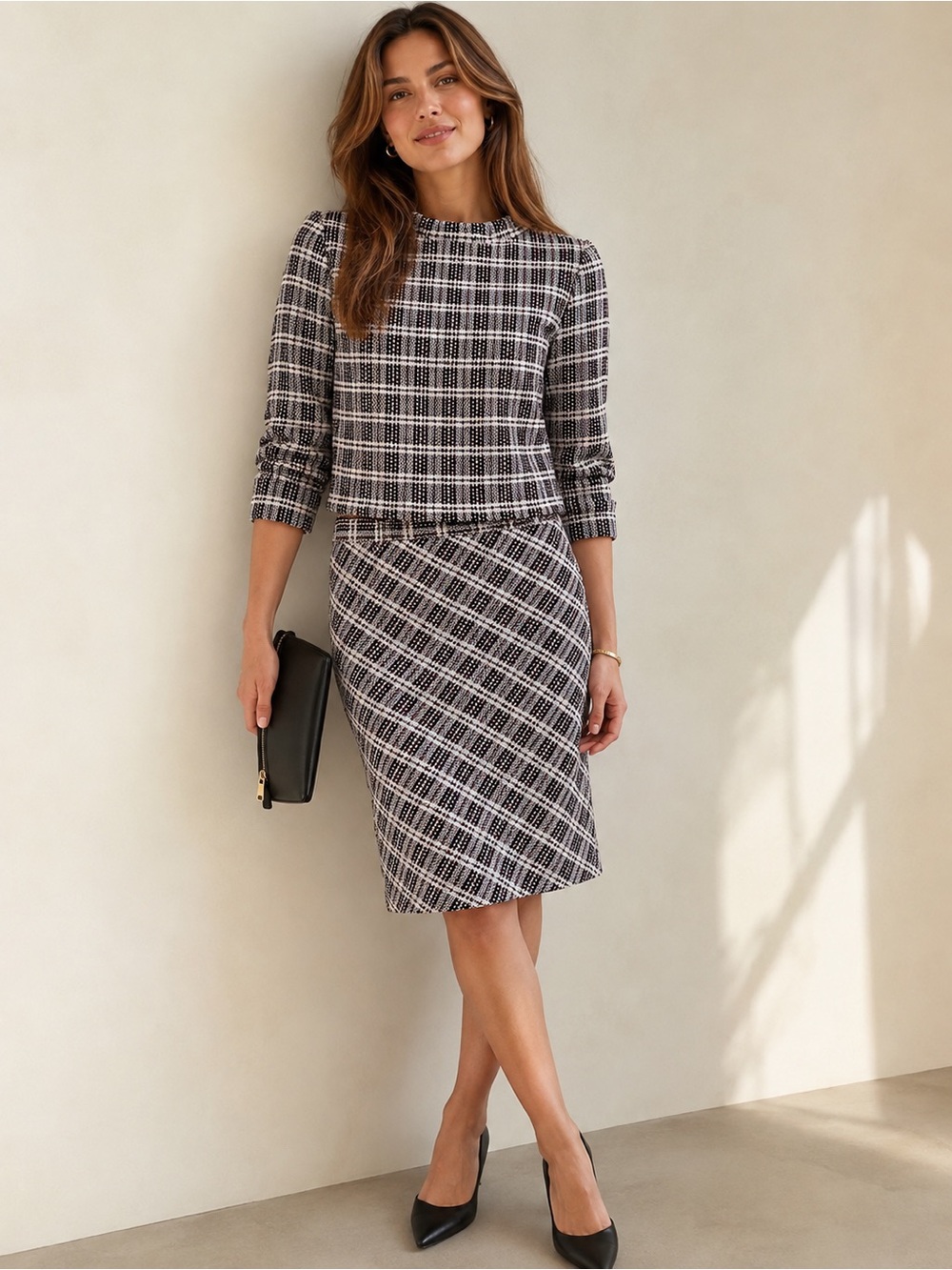 Ann Taylor Skirt Womens Navy Red Plaid Top & Pencil Midi Zip 00 (XXS)